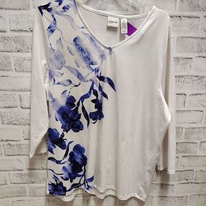 Chico's Blue and White Relaxed Blouse with Asymmetrical Floral Design